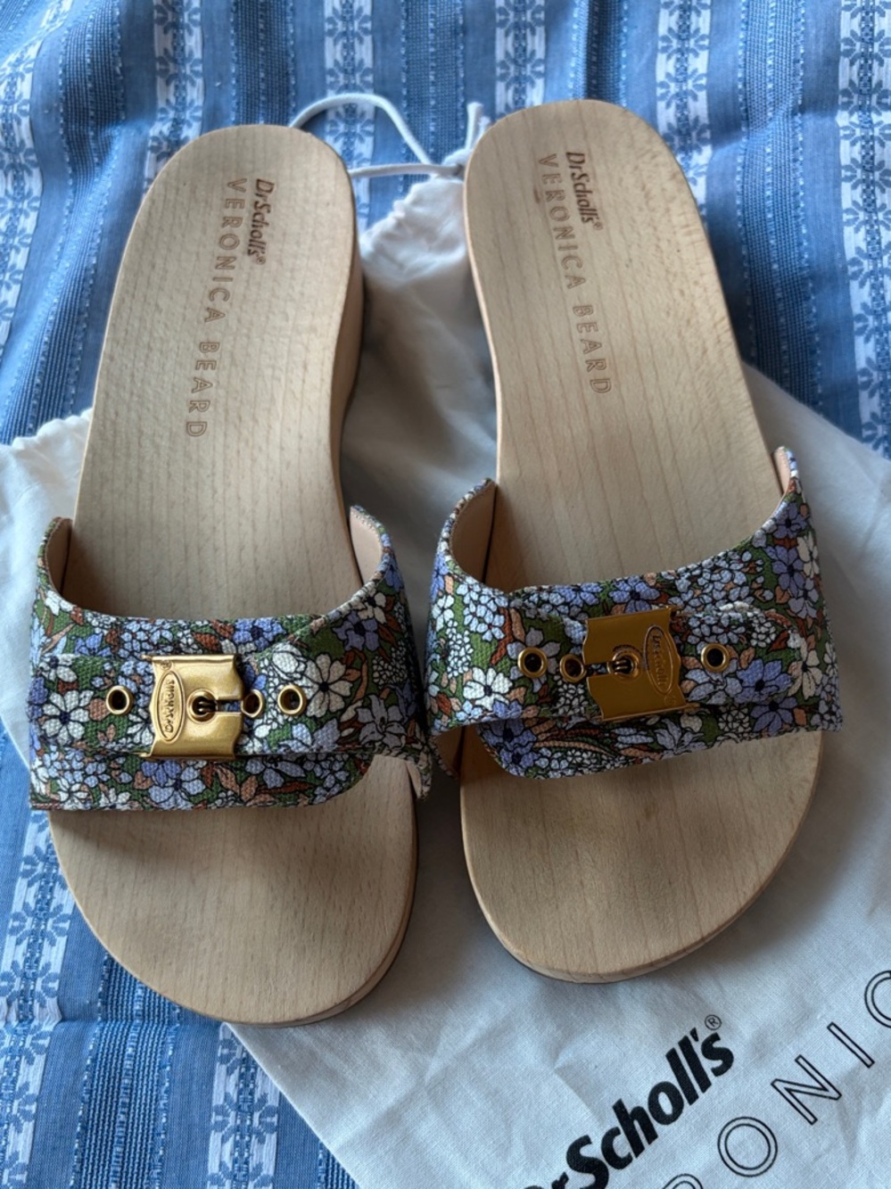 Veronica Beard Floral Buckle Slide Sandals in Multi-Color with Gold Accent